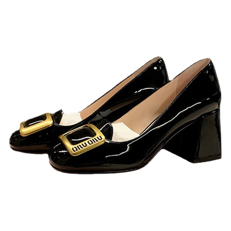 2023 primavera nuevos zapatos de una sola capa de tacón alto hebilla de metal de punta redonda francesa hebilla cuadrada tacón grueso zapatos de una sola capa zapatos de mujer profesional de cercanías zapatos de mujer