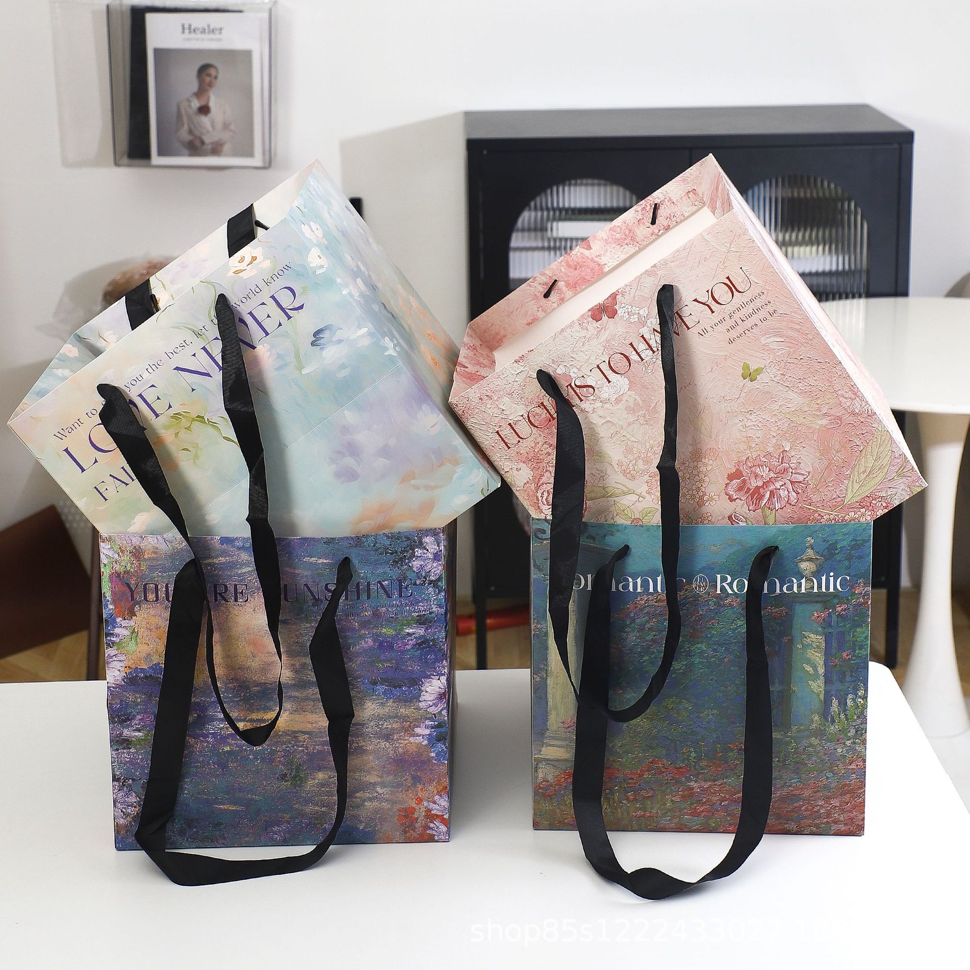 卓纤花材情人节烫金油画手提袋花束插花袋礼物情人节鲜花包装袋