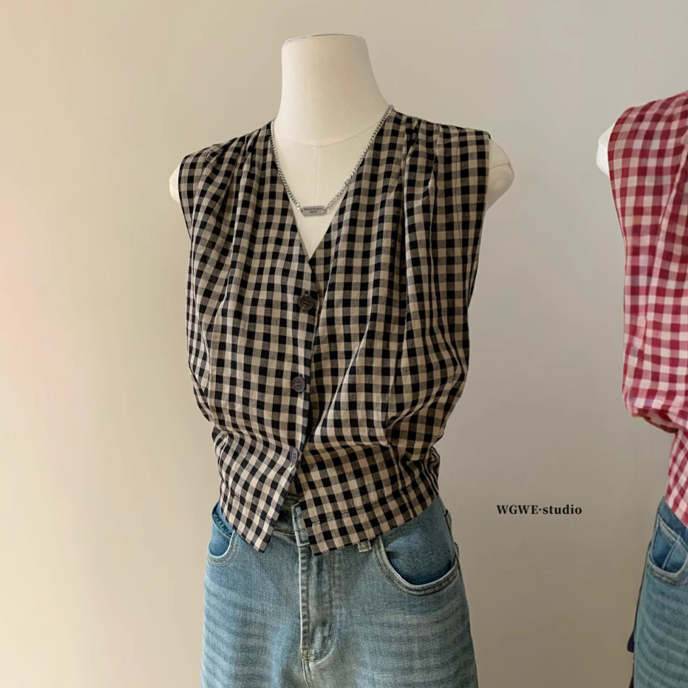 WGWE Vintage Chaleco a cuadros para mujer 2025 verano nuevo sentido del diseño chaleco sin mangas de pellizco francés camisa pequeña