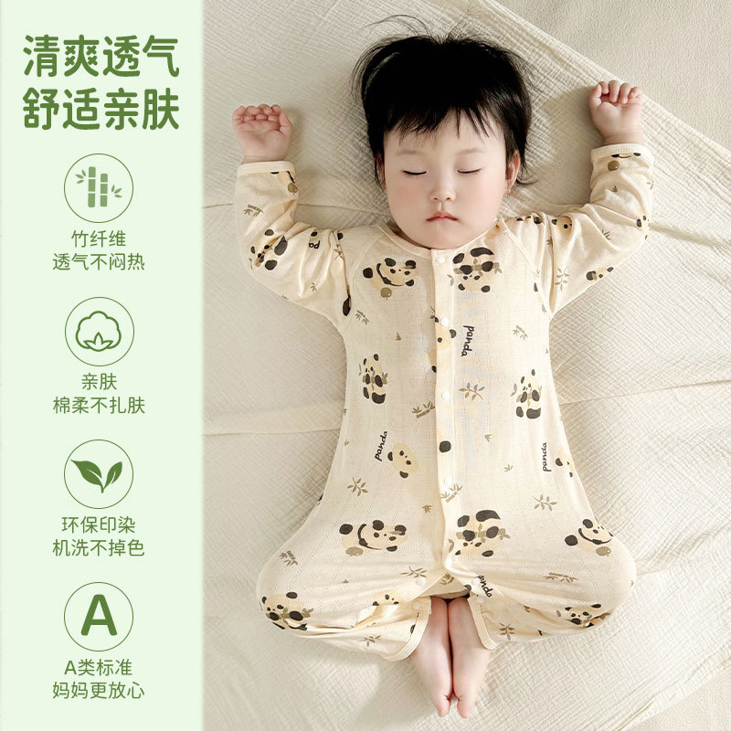 Class A baby ice breathing boneless breathable cartoon one-piece long sleeve bamboo fiber spring and summer thin closed crotch romper