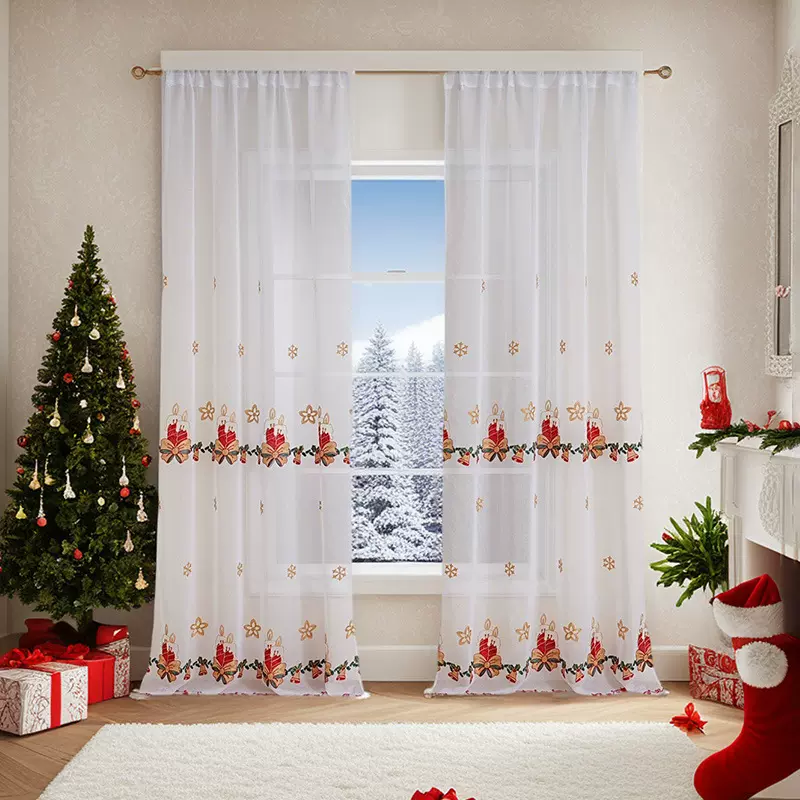 外贸窗纱圣诞节美式氛围感绣花窗帘装饰成品圣诞铃铛雪花厂家直销