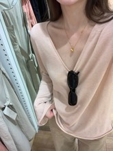 慵懒风V领卷边长袖针织衫女装夏季减龄软糯宽松罩衫内搭打底上衣