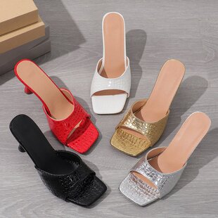 Square Head Printed High Heel Slippers Women African Fashion One-Fit Sandals Women Heels Slippers
