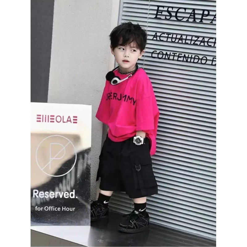 男童夏季新款套装儿童短袖韩版宽松火龙果色恤黑色短裤两件套潮