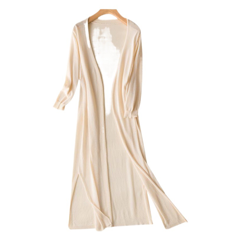 Verano de lino abrigo de punto Falda larga de las mujeres de manga larga hueco de protección solar cardigan exterior delgada camisa de protección solar larga de seda de hielo