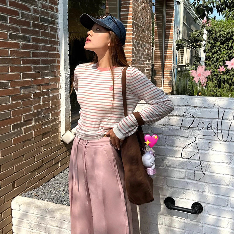 2026 Summer New Sw Brand Loose Acetate Cotton Blend Color-Block Striped Long-Sleeve Women's Thin Knit T-Shirt Set 2026 Summer New Sw Brand Loose Acetate Cotton Blend Color-Block Striped Long-Sleeve Women's Thin Knit T-Shirt Set