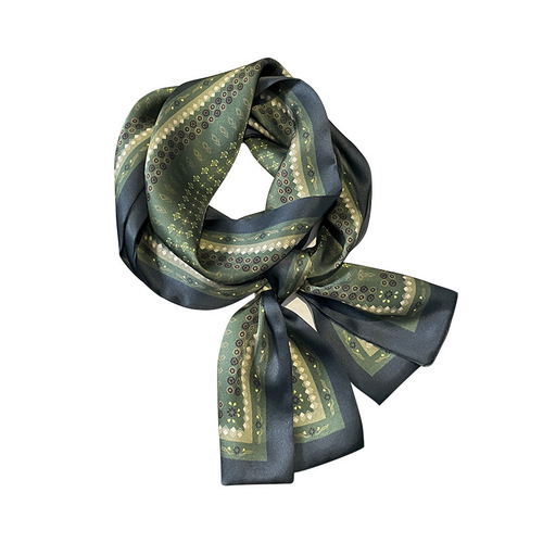 Summer European and American workplace versatile mulberry silk scarf green polka dot splicing double layer double-sided silk long ribbon for women