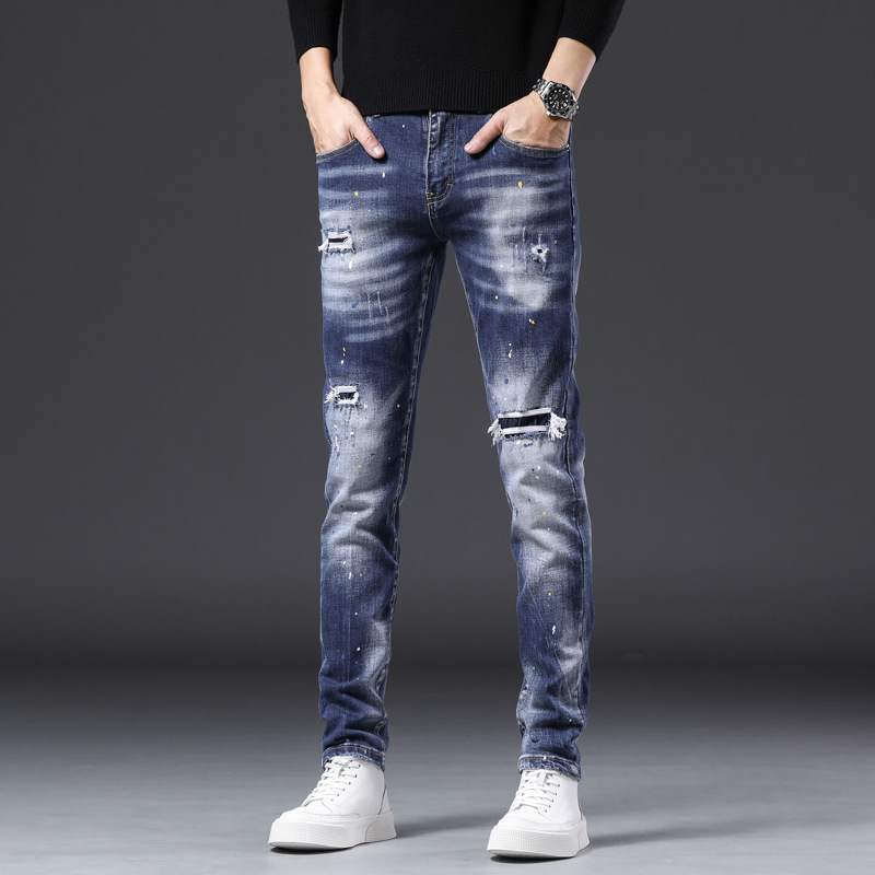 Jean Joker élastique pour hommes, nouvelle marque de mode européenne et américaine, trou givré, dégradé de couleurs, tendance droite, 2022_voghion.com