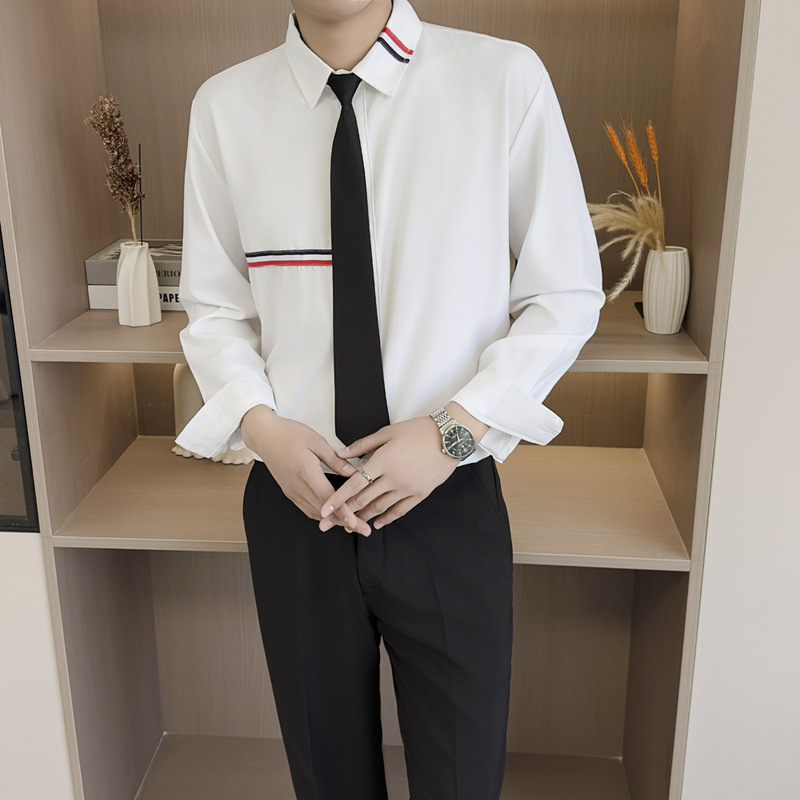 Men's Spring Shirt with Red, White, and Blue Striped Webbing on the Sleeves, College Style Business Shirt with Sleeve Patches for Teenagers