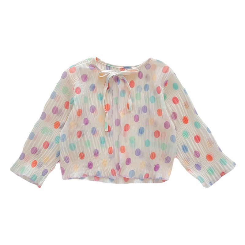 Ropa infantil coreana, ropa de protección solar para niñas, verano 2024, chaqueta ligera con lunares de arcoíris, cárdigan con lazo para niña