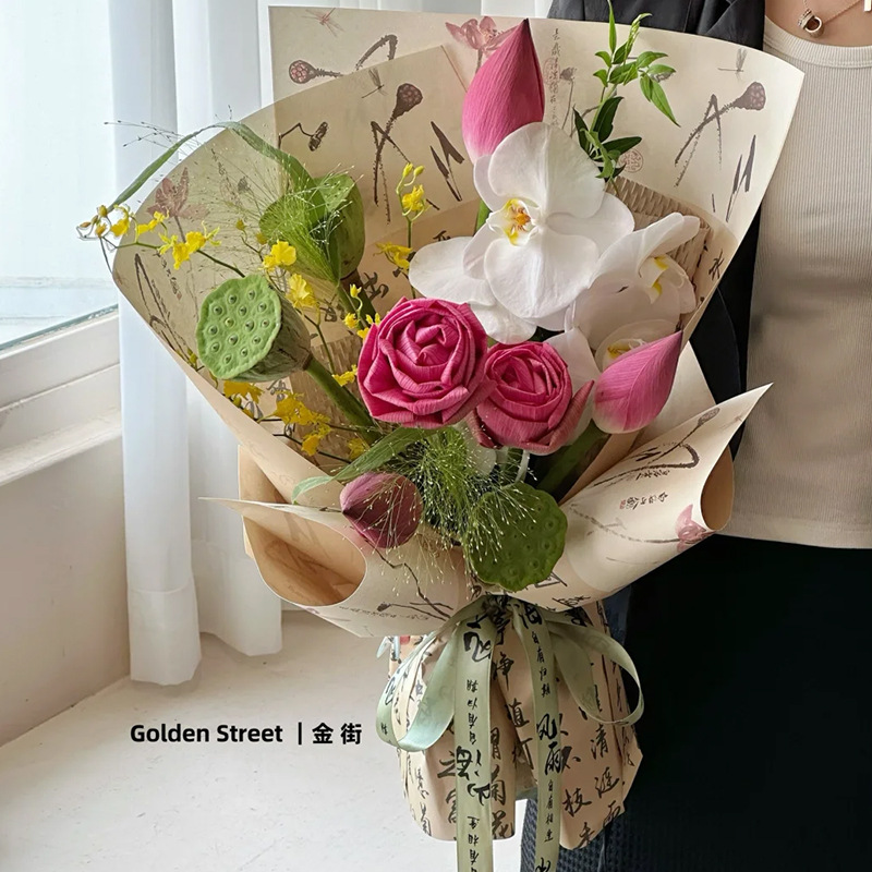Papel de embalaje de ramo de San Valentín Florería Arte floral Papel impermeable Material de embalaje Caligrafía Papel de embalaje de flores antiguo