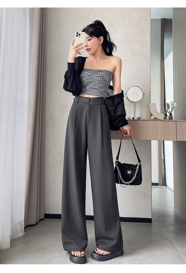 Quần ống rộng nữ cạp cao ống thẳng vải dệt mềm rũ, phong cách công sở — Mẫu thông thường màu xám (khuyến nghị 160cm trở lên), Mẫu thông thường màu đen (khuyến nghị 160cm trở lên), Người đàn ông nhỏ màu xám (khuyến nghị dưới 158cm), Người đàn ông nhỏ màu đen (đề nghị dưới 158cm) chi tiết 36