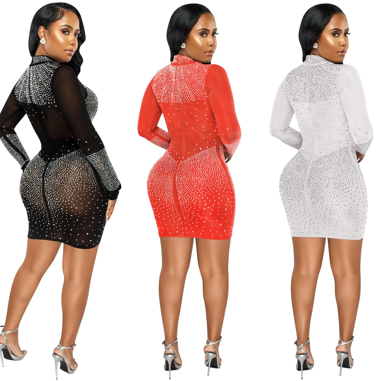 C5693 europeo y americano nuevo AliExpress Amazon moda mujeres sexy apretado rhinestone malla perspectiva vestido image 5