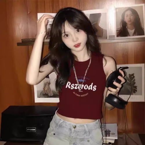 Dopamine Summer Fitted Slimming Backless Top for Women, New Colorful Letter Print Round Neck Sleeveless Blouse for Women, Trendy