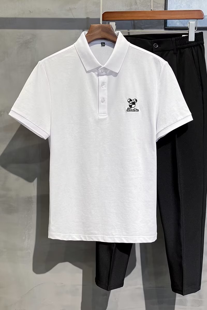 2024 Summer Thin Pearl Mesh Bear Embroidered Back Letter Print Slim Fit Elastic Polo Short Sleeves_voghion.com