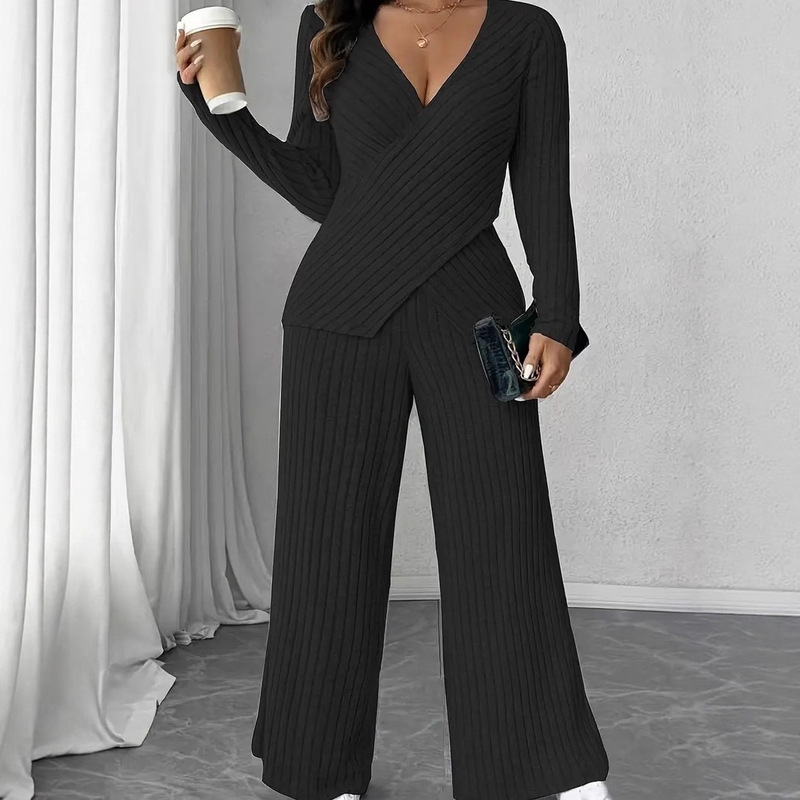 2025 Cross-Border Amazon Spring & Fall New Knitted V-Neck Women's Elegant V-Neck Rib Top Wide-Leg Pants Suit