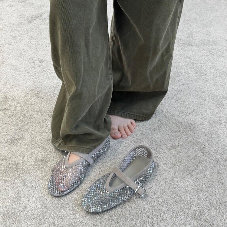 Sheepskin Version~ Rhinestone Fishnet Hollow Breathable One-Strap Mary Jane Shoes for Women, Stunning and Fashionable Ballet Shoes for Outdoor Wear