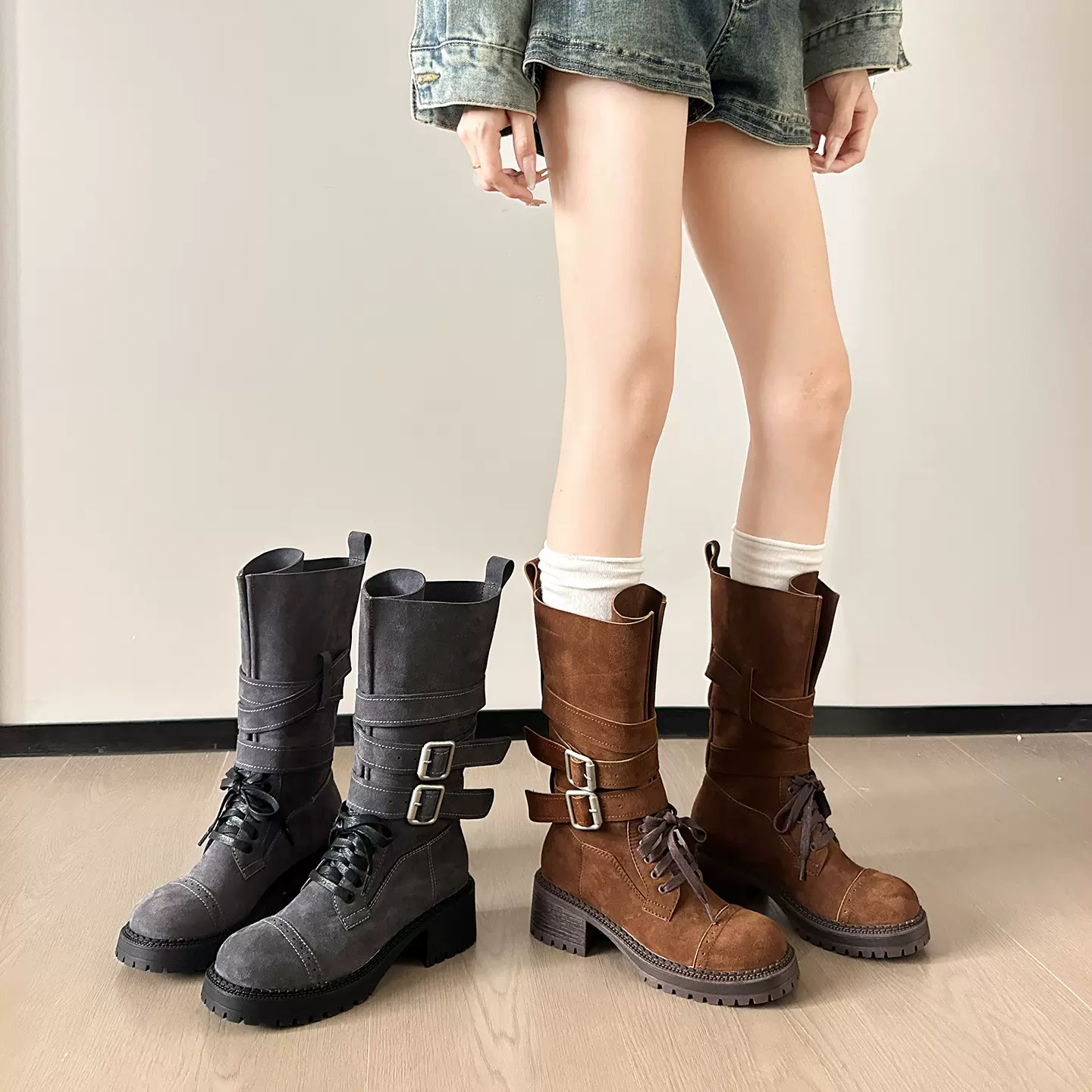 复古英伦风真皮马丁靴子女2025秋新款粗跟短靴中筒高跟骑士靴皮靴