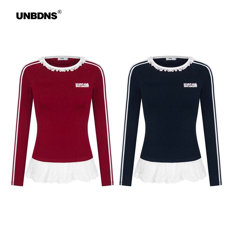 Unbdns American Retro Contrasting Color Lace Sexy Waist Red Long-Sleeved T-Shirt Women's Spring & Fall Inner Slim Top
