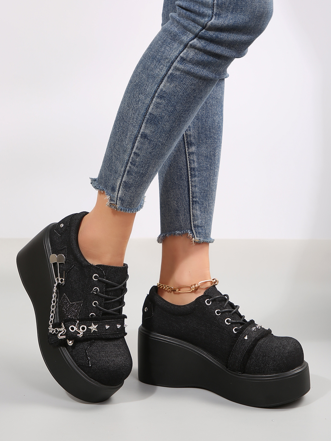 Women's Platform Wedge Mary Jane Shoes With Rivet Detail Denim_voghion.com