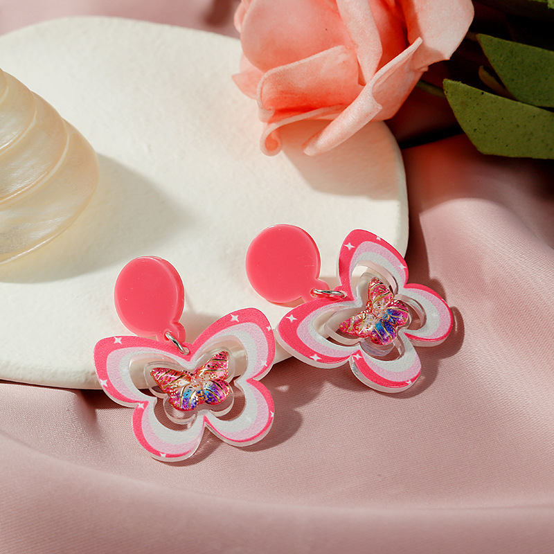 Cartoon Three-dimensional Printing Butterfly Sweet Pink Cute Copper Earrings display picture 3