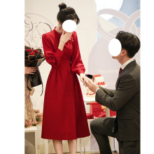 新中式旗袍敬酒服新娘新款酒红色订婚礼服回门连衣裙女长袖中长裙