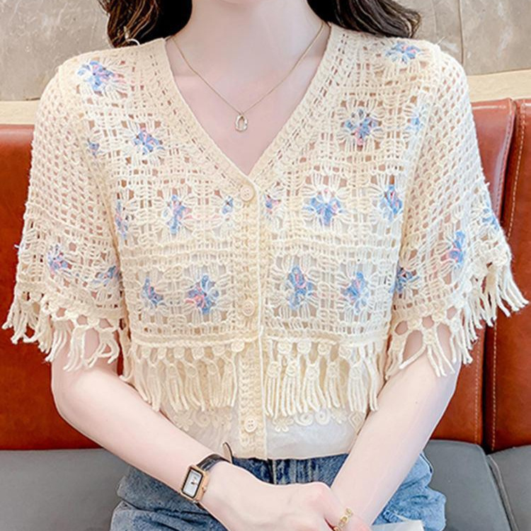 2025 新しい夏のタッセル中空刺繍スプライシングニットカーディガン女性のデザインカジュアル多用途トップトレンディ|undefined