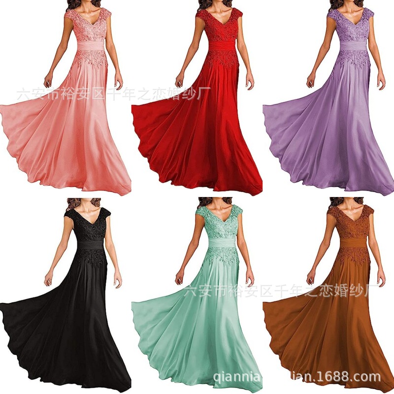 Foreign Trade New Style Women's Lace Bride Mother's Dress Long V-neck Cover Sleeve Formal Evening Dress Prom Dress for Women