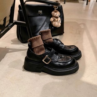 in stock Washed Horse Leather Round Head British Style Slip-on Casual All-match Thick Heel Lefu Single-layer Shoes Women's Small Leather Shoes