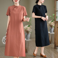 实拍2025夏季国风复古盘扣旗袍东方自然美文艺棉麻短袖连衣裙女