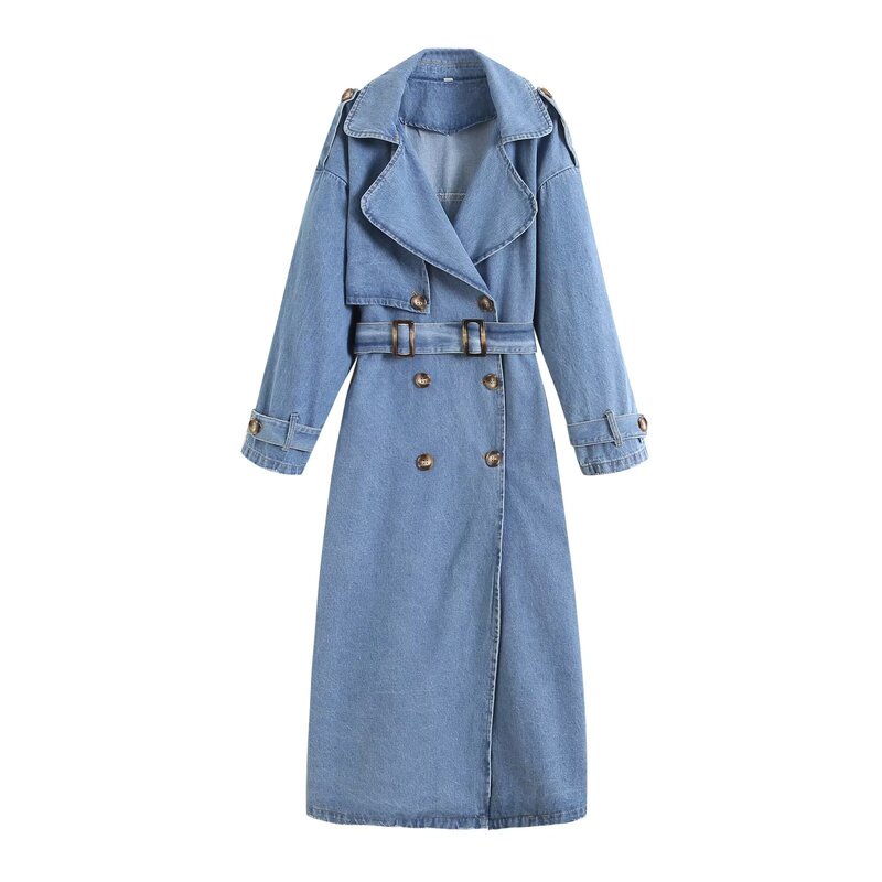 European and American Station Denim Dress Women's Long-Sleeved New Style Double-Breasted Elegant Loose Large Size Waist Outwear European and American Style