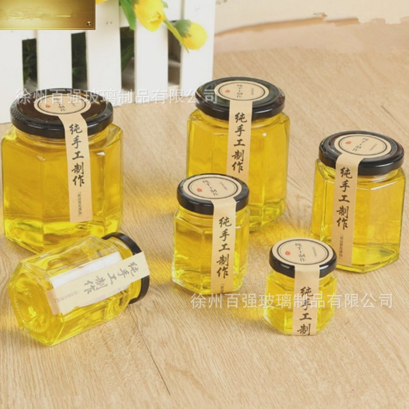 厂家批发六棱蜂蜜瓶透明酱菜瓶罐头瓶玻璃果酱瓶辣椒酱瓶可