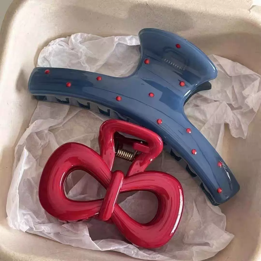 蓝色波点红色蝴蝶结抓夹女后脑勺盘发鲨鱼夹高级复古小众发抓发饰