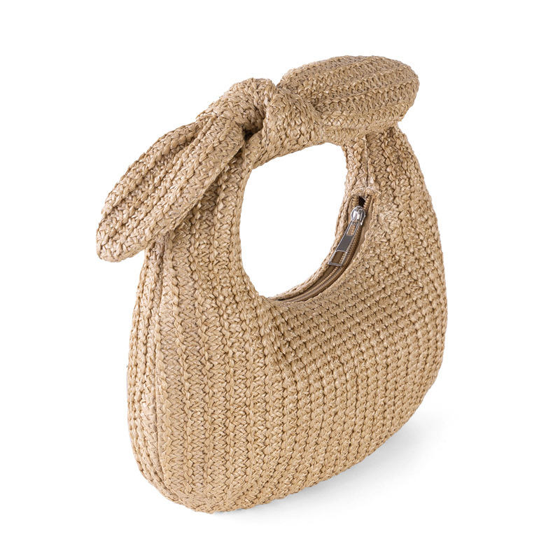 Top Handle Strap Type Handbag Bags Type Women's Small Straw Bow Knot Elegant Streetwear Dumpling Shape Zipper Handbag