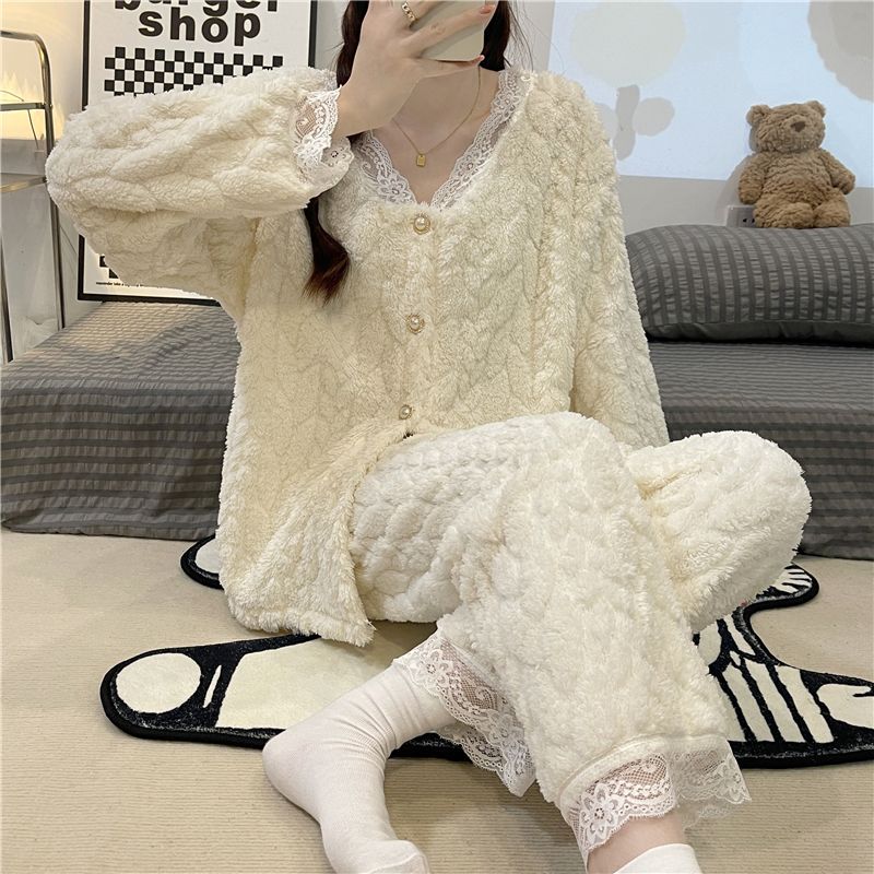 Transmisión en vivo transfronteriza 260g Jacquard encaje pequeño viento cardigán de invierno grueso pijama de mujer ropa de casa