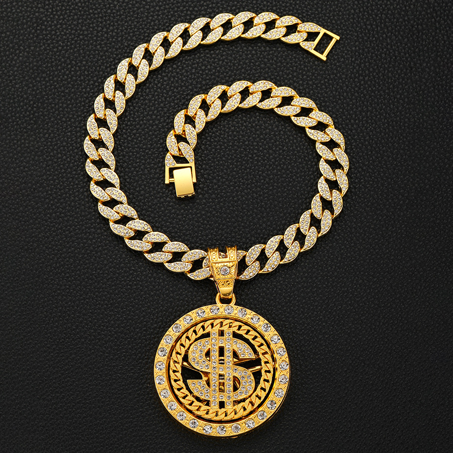 Alloy Material Round, Dollar Pattern Hip-Hop Round Dollar Alloy Inlay Rhinestones Unisex Pendant Necklace Necklace Pendant Men Pendant Necklaces
