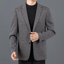 正品牌高档单西免烫高档休闲外套暗纹浅咖灰格纹厚款中年男士西服