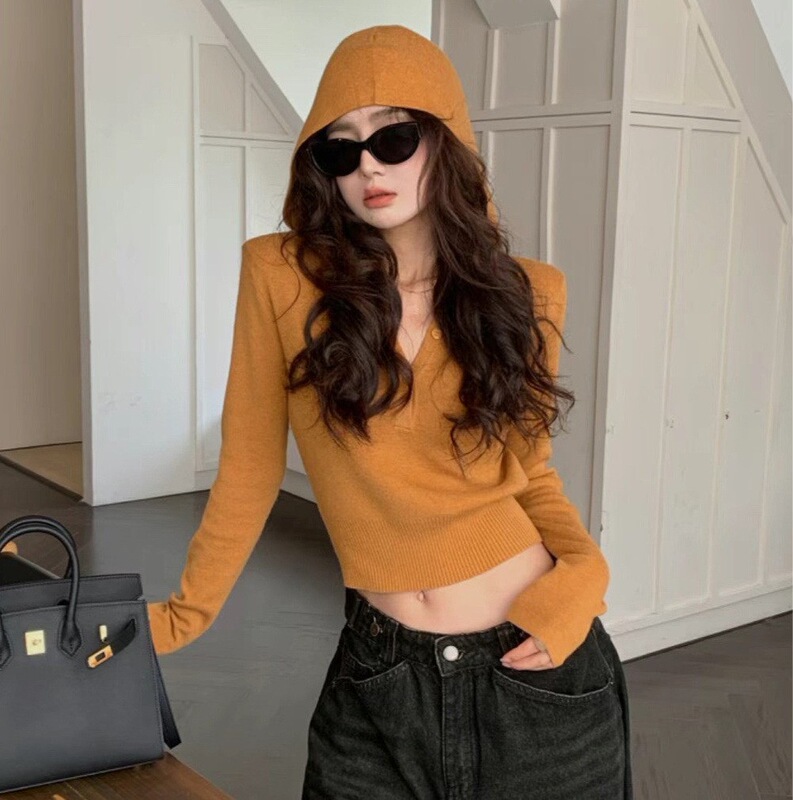 American Orange Hooded Knitwear for Women in Autum, Lazy Style, Slim-Fitting Short Knitwear, Sweatshirt Design, Inner Top