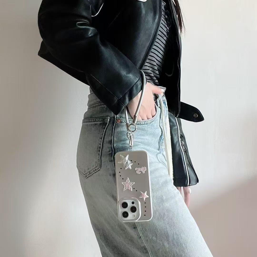 Estrellas tridimensionales dulces y frescas para iphone16ProMax Girl 15 Apple 14 funda para teléfono móvil 13 cuerda de mano 16 galvanoplastia