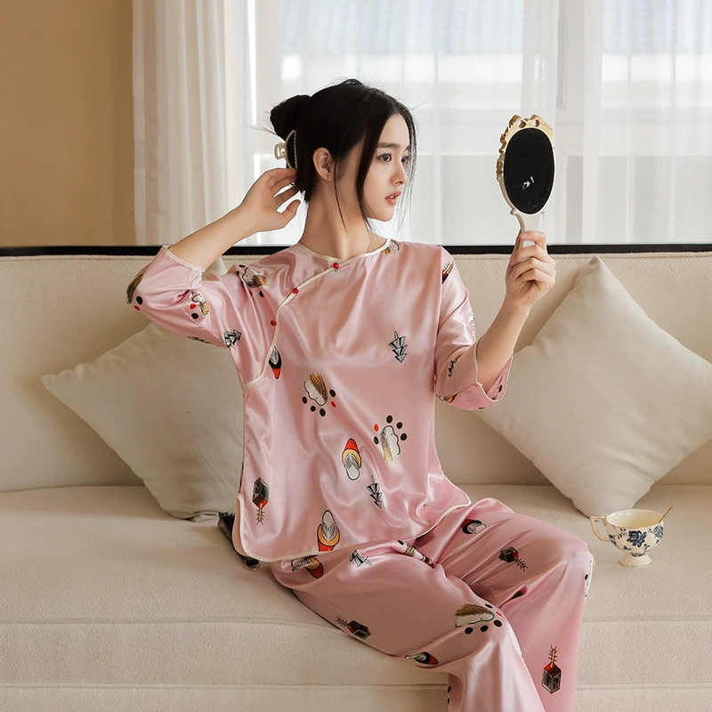 2023 пижамный комплект в китайском стиле из ледяного шелка с рукавами девять четвертей, весна и осень с круглым вырезом, новый национальный тренд, домашняя одежда династии Хань для женщин