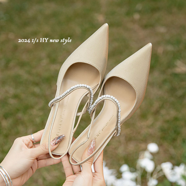 Giày sandal nữ bít mũi mũi nhọn gót mảnh quai ngang đính đá, gót 6–8 cm — Màu mơ, Màu vàng nhạt, Màu đen