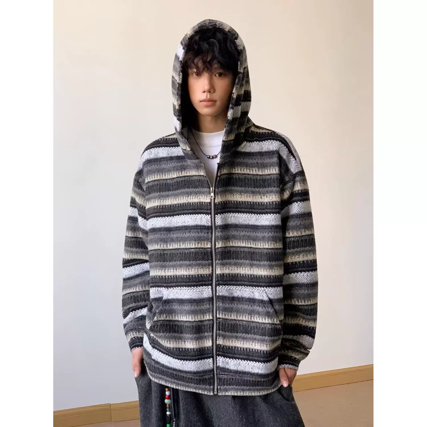美式咖色复古条纹拼接毛衫男秋季潮牌宽松休闲情侣装长袖开衫外套