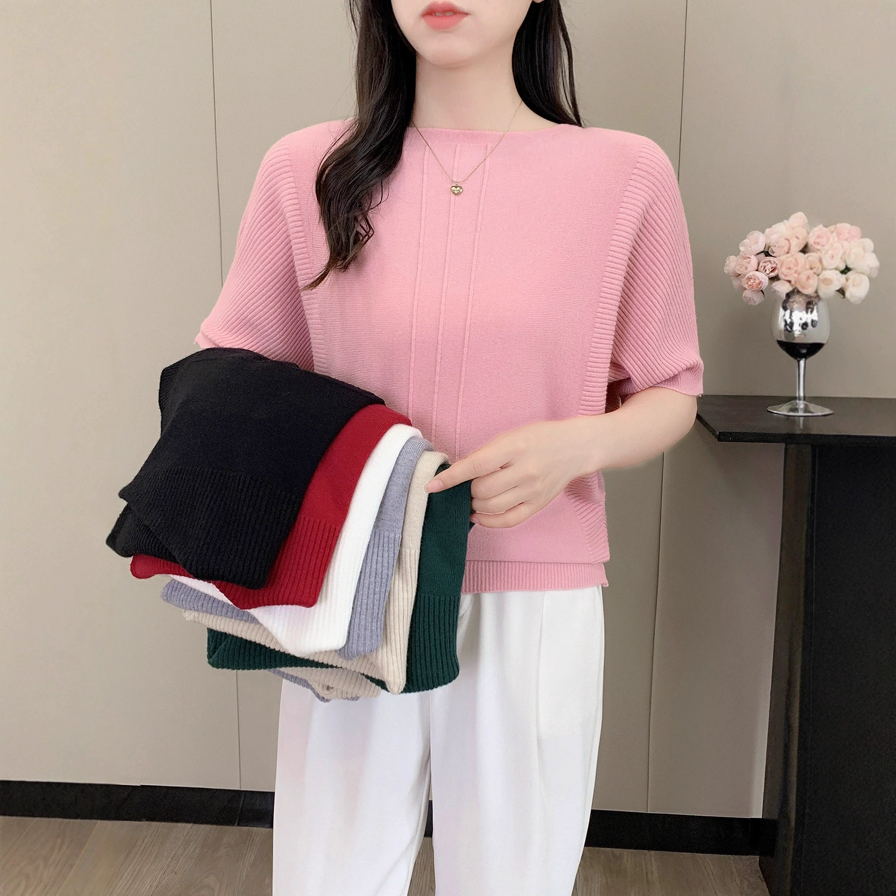 2024 Новый рукав летучей мыши 3 трикотажа тонкая, покрывающий живот, воротник, женский свитер 5 очков с короткими рукавами