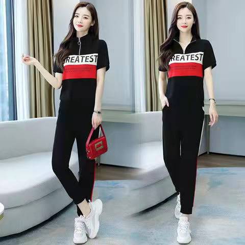 Large size short sleeve suit women's 2022 summer new 200kg fat mm loose meat covering Korean sportswear two-piece suit Large size short sleeve suit women's 2022 summer new 200kg fat mm loose meat covering Korean sportswear two-piece suit