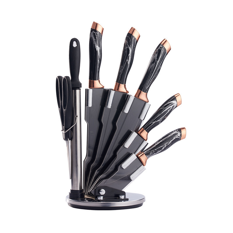 Juego de caja de regalo de mango de cabezal de doble galvanoplastia de patrón de mármol de 6 piezas de cuchillos de debut de punto de comercio exterior