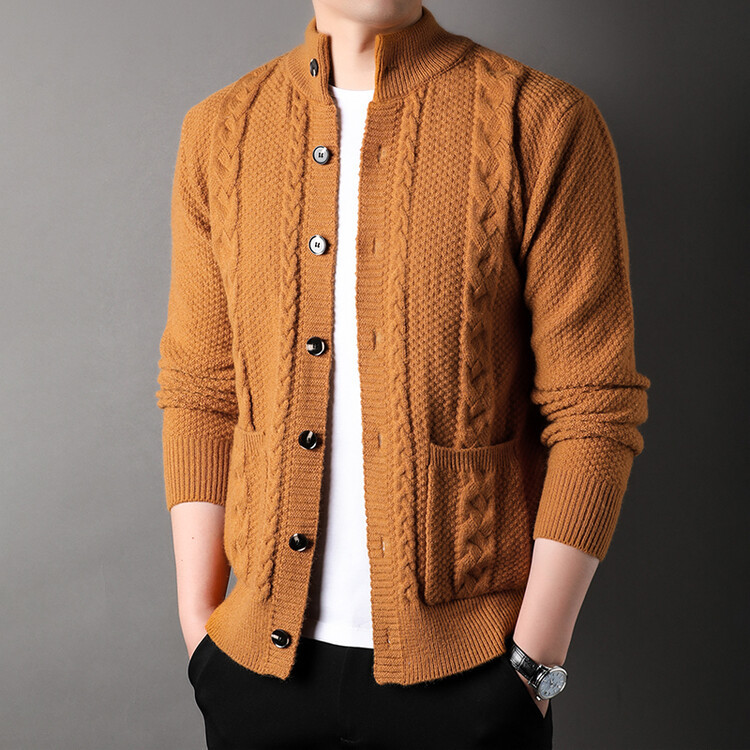 Nuevo hombre de mediana edad de tendencia de invierno y otoño camiseta de punto de color sólido Jacquard botón Cardigan chaqueta aguja gruesa suéter casual