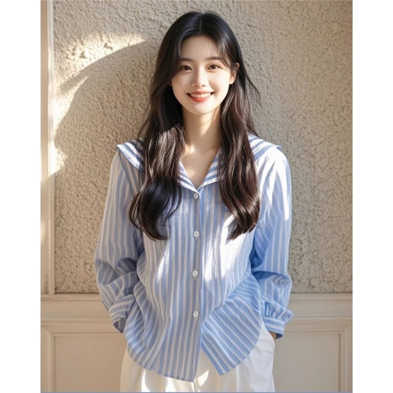 French-style blue striped navy collar high-end long-sleeve shirt, dopamine-inspired sophisticated top for women, autumn and winter French-style blue striped navy collar high-end long-sleeve shirt, dopamine-inspired sophisticated top for women, autumn and winter