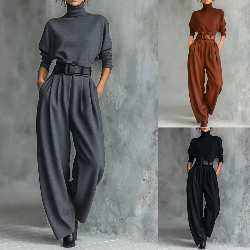 European and American Foreign Trade Women's Clothing 2025 Spring and Autumn New Solid Color Long-Sleeve Back Seam Base Shirt with Long Pants Two-Piece Set European and American Foreign Trade Women's Clothing 2025 Spring and Autumn New Solid Color Long-Sleeve Back Seam Base Shirt with Long Pants Two-Piece Set