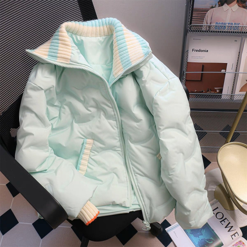 韓系溫柔風別致小眾設計加厚冬季外套女秋季寬鬆薄荷綠羽絨棉服女