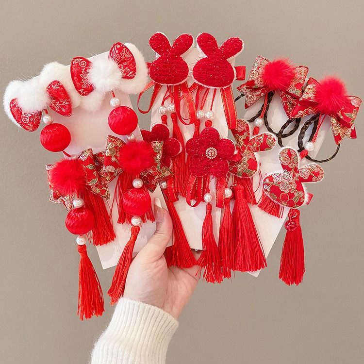 2023 niñas lindo conejo horquilla borla horquilla BB clip accesorios para el cabello rojo Año Nuevo lado clip accesorios para el cabello tocado